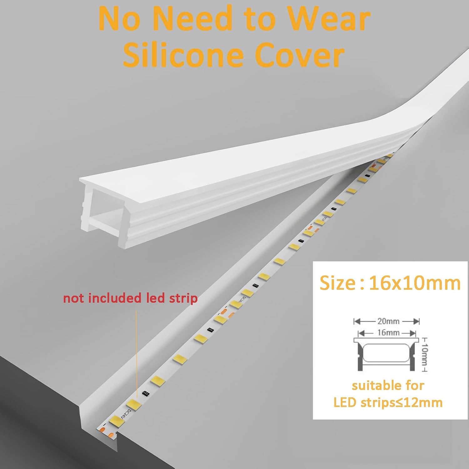 32.8Ft/10M Silicone LED Channel System, Flexible Neon Rope Light Tube for 5-12mm LED Strips, Wear Free Recessed Milky White Cover Diffuser, DIY for Cabinet Decor (16x10mm, No LED Strip)