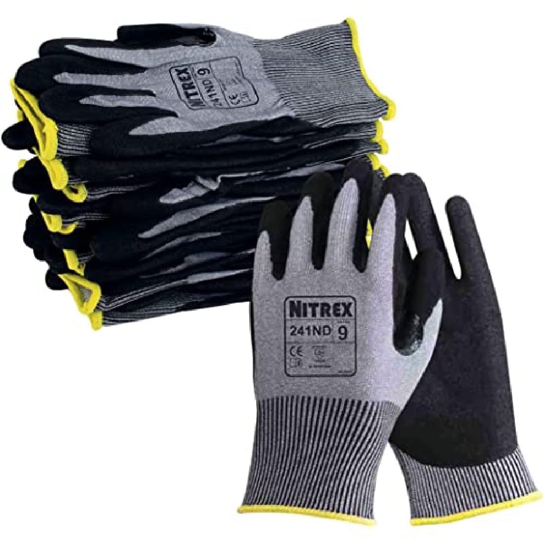 NITREX Unigloves 241ND Guantes reutilizables con tecnología NitreGuard y NitreGrip, revestimiento de palma de nitrilo arenoso con un forro ultra ligero resistente a los cortes, en gris/negro