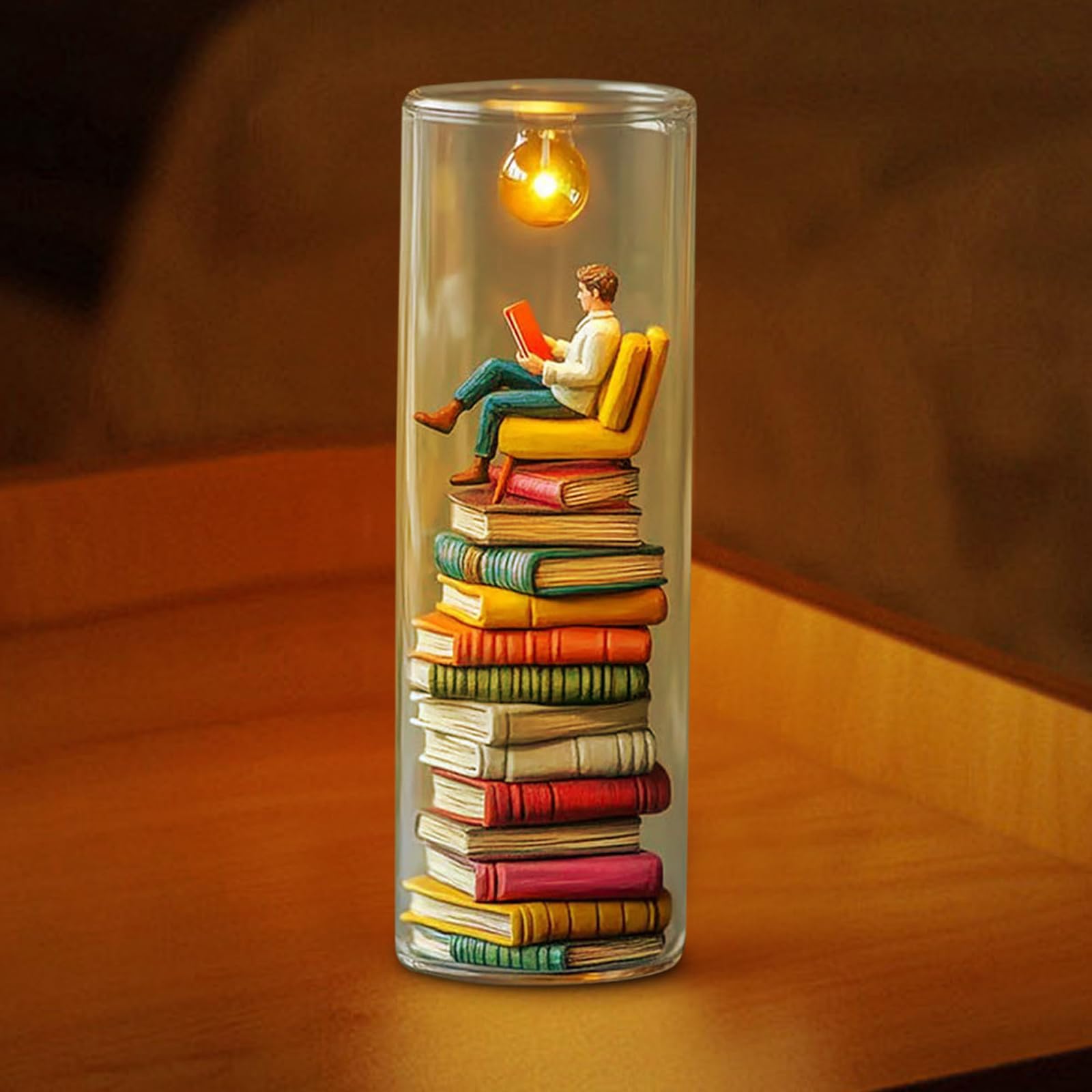 Reader Night Light, Miniature Book Lover Lamp Sculpture with Mini Books and LED Light, Glass Dome Book Nook Lamp for Home/Office/Library (#D)