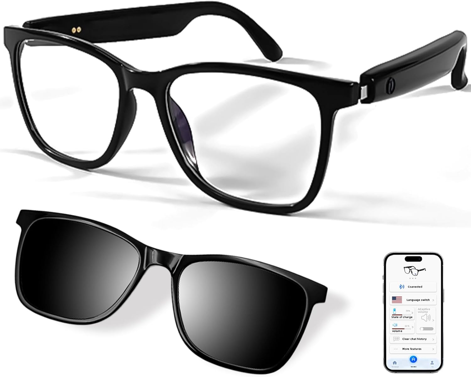 APOPHENIA Smart Bluetooth Glasses,Anti Blue Light/Polarized Magnetic Sunglasses for Men Women,UV400 Protection,Real-time Translation,for Indoor/Outdoor (with Black Lenses)
