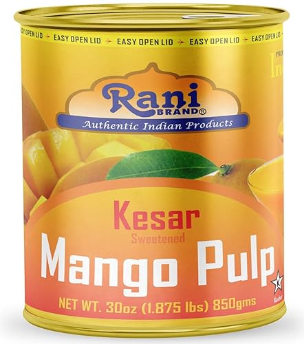 Puré de pulpa de mango Rani (hace batidos de mango Lassi) Kesar endulzado 30 onzas (1.875 libras) 29.98 oz Kosher Todo natural Sin OMG Vegano