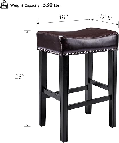 Miniatura 3 de Juego de 2 taburetes de bar de piel sintética de 26 pulgadas con patas de madera maciza, sillas de cocina sin espalda de mediados de siglo, asiento