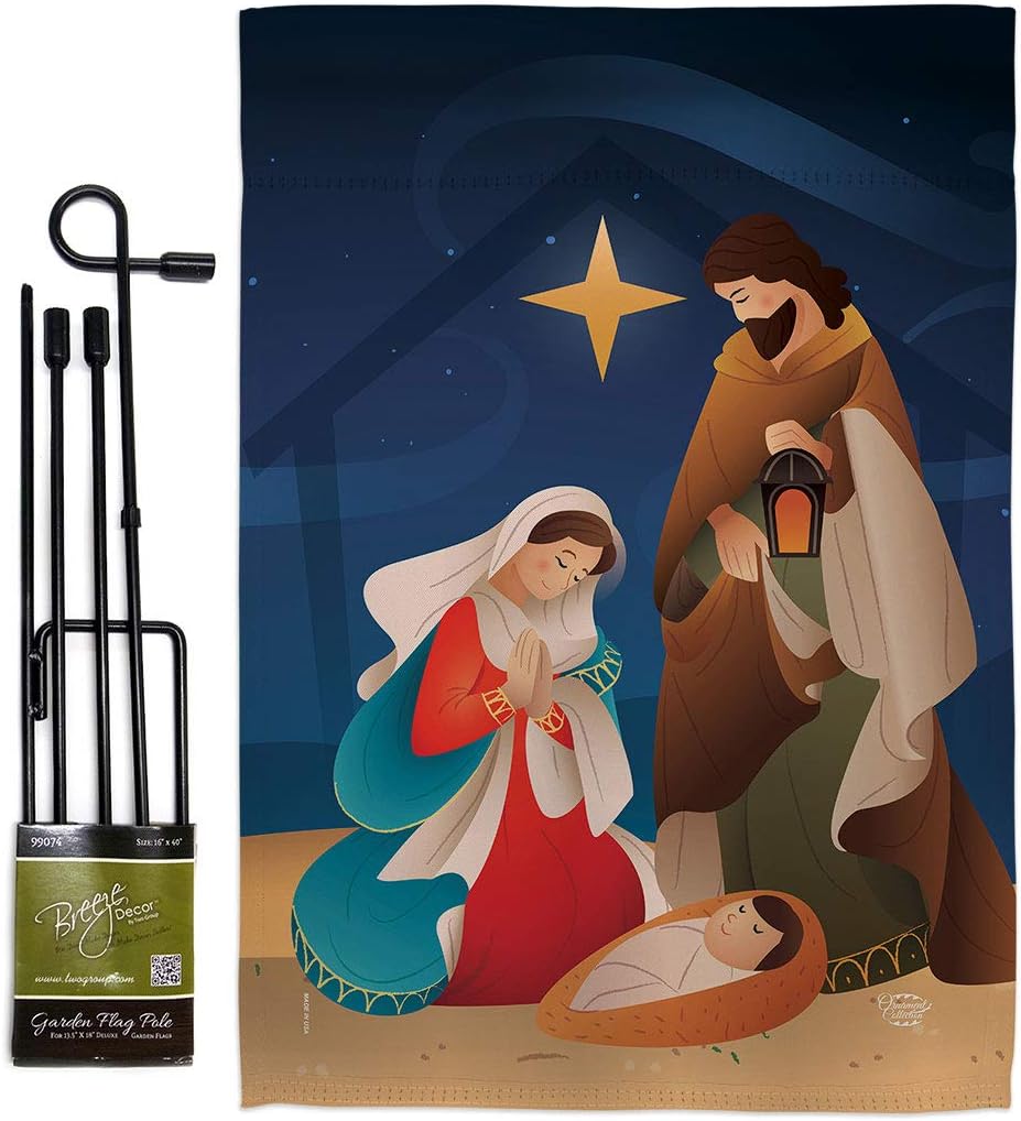 Holy Night Garden Flag Set Wall Holder Wintertime Nativity Three King Religious Family Season Christian Small Decorative Gift Yard House Banner Made In USA 13 X 18.5