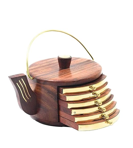 YURA HANDICRAFTS Wooden Kettle Shape Drink Coasters Wood Table Coaster Set of 6 for Tea Cups Coffee Mugs Beer Cans Bar Tumblers and Water Glasses.
