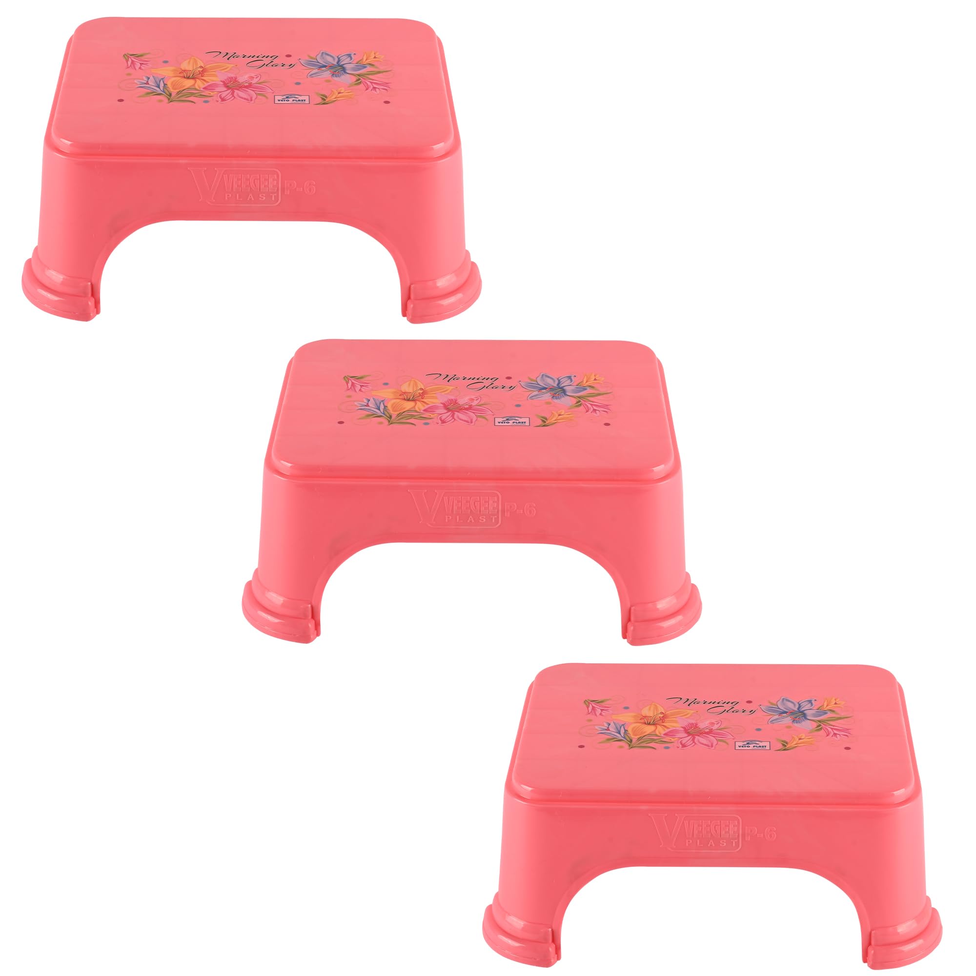 Kuber Industries Pack of 3 Bath Stool for Bathroom | Plastic Stools for Sitting | Bathroom Stool for Bathing | Flower Print Square Stool | Pink