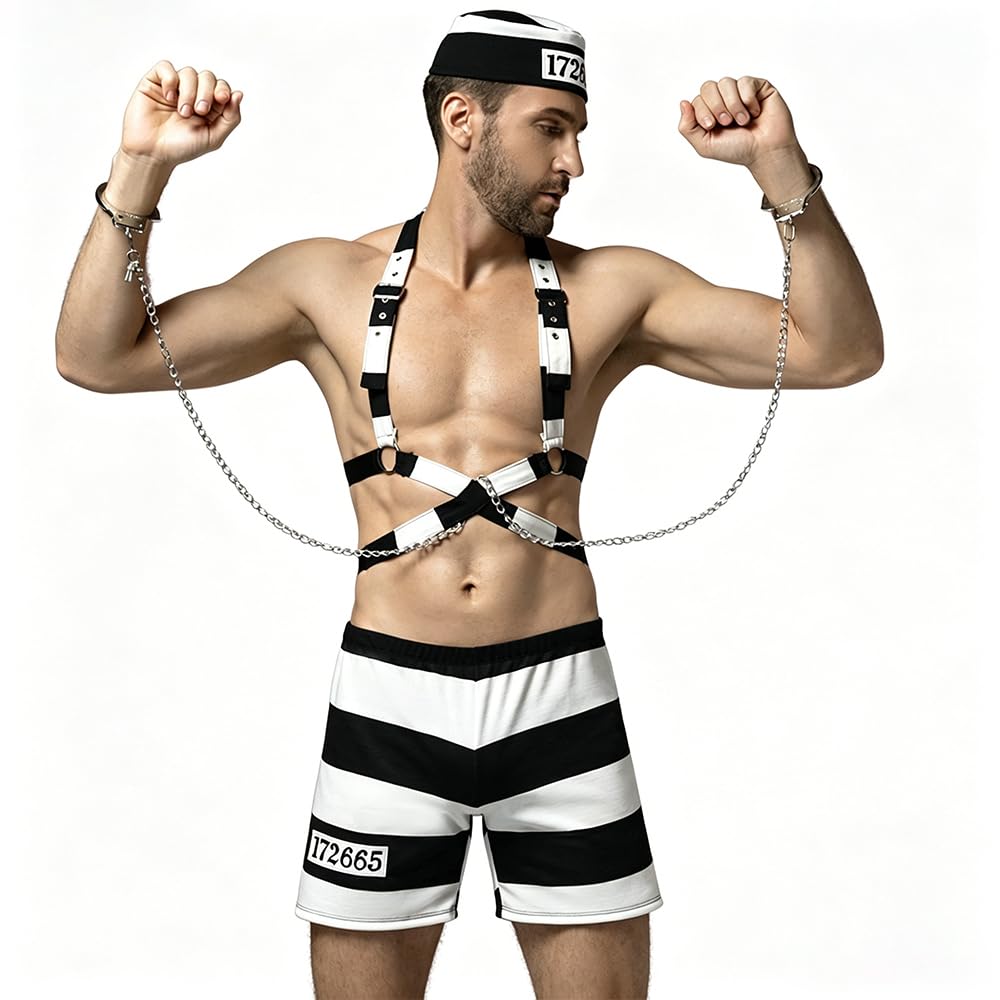 PIYAEIE Men’s Sexy Prisoner Costume Set with Harness & Chains, Striped Inmate Roleplay Outfit for Men, Stretch Clubwear Underwear for Halloween, Bachelor Party, Cosplay & Valentine’s Surprise