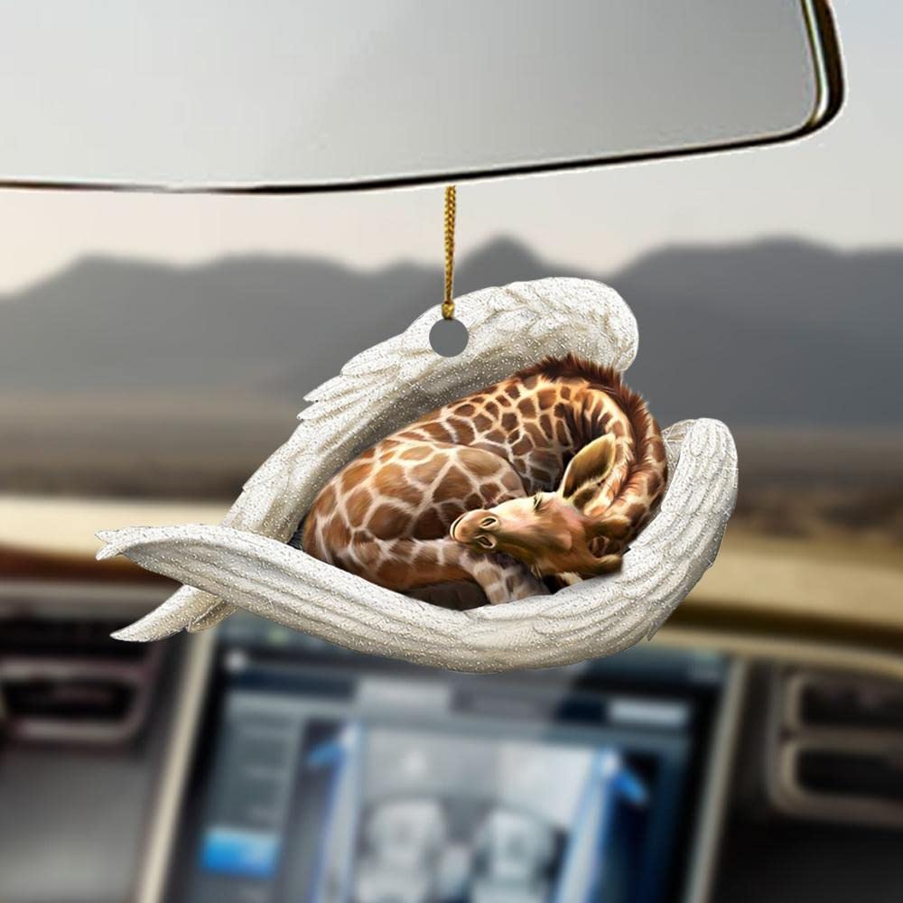 Tammer Giraffe Sleeping Angel Wings Around Car Accessories, Gift for Giraffe Lovers, Two Sided Hanging Ornament for Rear View Mirror, Charm Hanging, Car Decoration
