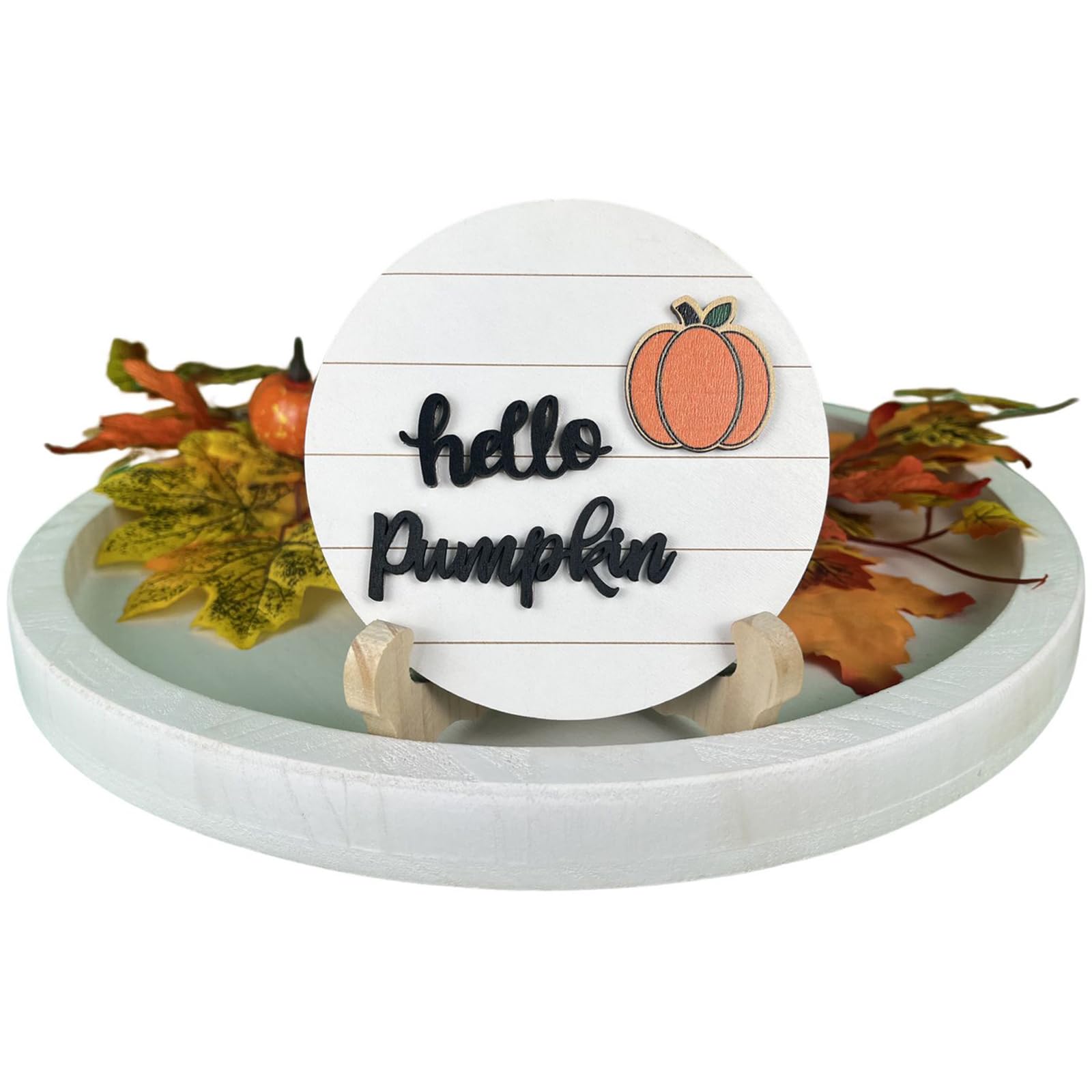 Fall Decorations for Home - Fall Decor Fall Thanksgiving Tiered Tray Decor Hello Pumpkin Sign Table Decor Wooden Rustic Farmhouse Decor for Living Room Bedroom Office Home 4.9 x 4.9 Inch (with a Wooden Easel)