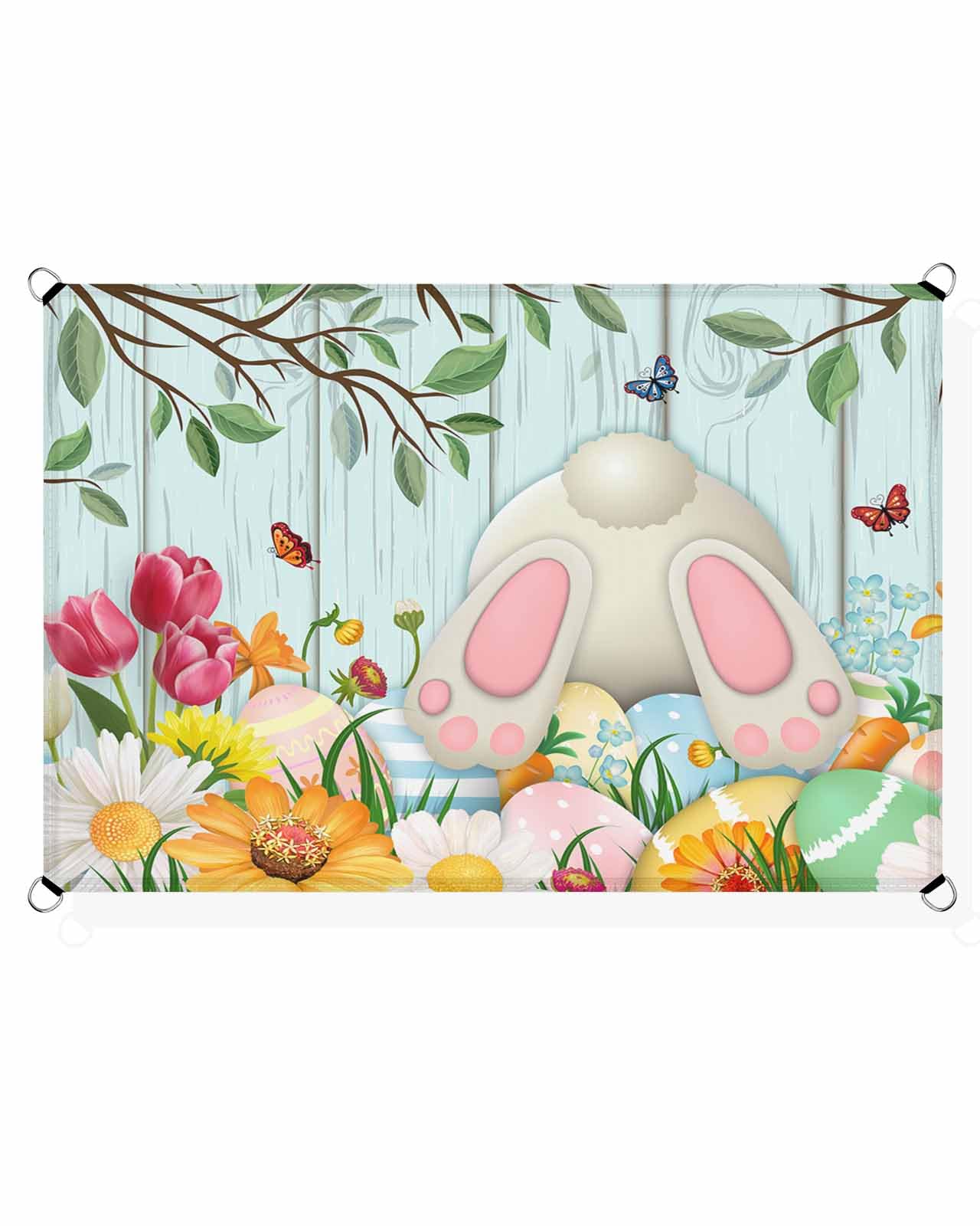 Boanket Sun Shade Sail 12' x 16', Spring Easter Bunny Sun Blocking Shades Privacy Outdoor Covering, Colorful Eggs Flowers Teal Wooden Shade Cloth for Patio Deck Terrace Garden Lawns Beach Backyard