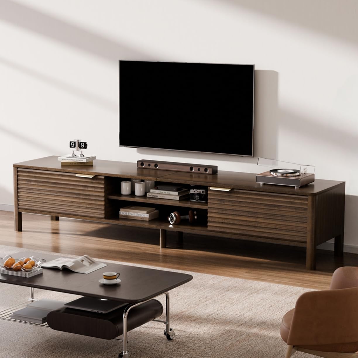 IKALIFE Meuble TV Bas Bois avec Rangement Marron 200 cm Longueur | Meuble TV avec 2 Portes, Meuble Tele pour Téléviseur jusqu'à 80 Pouces, Table TV Moderne, Meuble TV pour Salon et Chambre