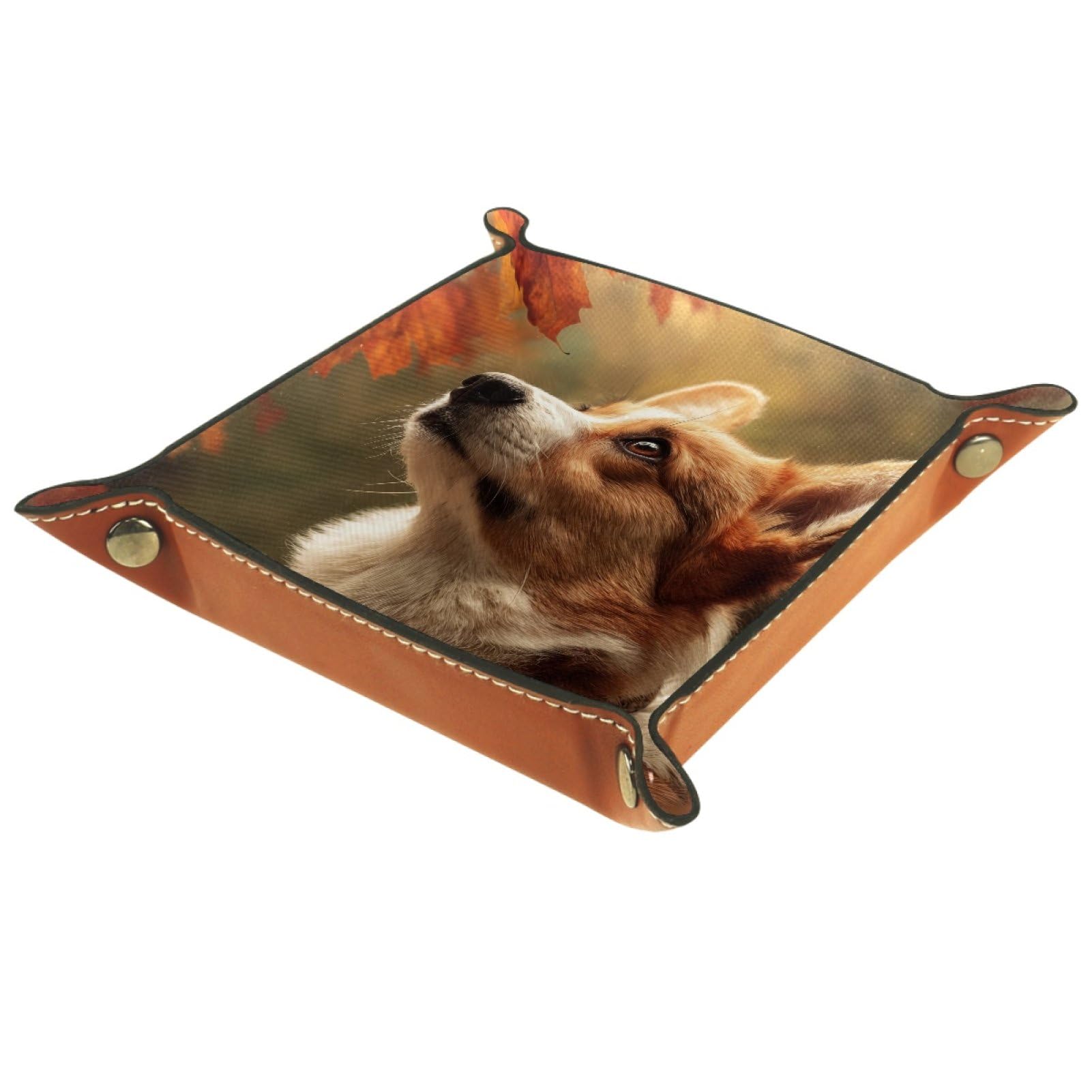 VAPOKF Corgi Maple Leaf Portable Dice Rolling Tray, Microfiber Leather Dice Holder Game Box for D&D, RPG, Table Games or Desktop Phone Key Storage, 20.5 × 20.5 cm