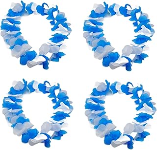 BF Souvenirs Cadena hawaiana con 30 flores grandes, color blanco y azul, talla única, Flores textiles, 0