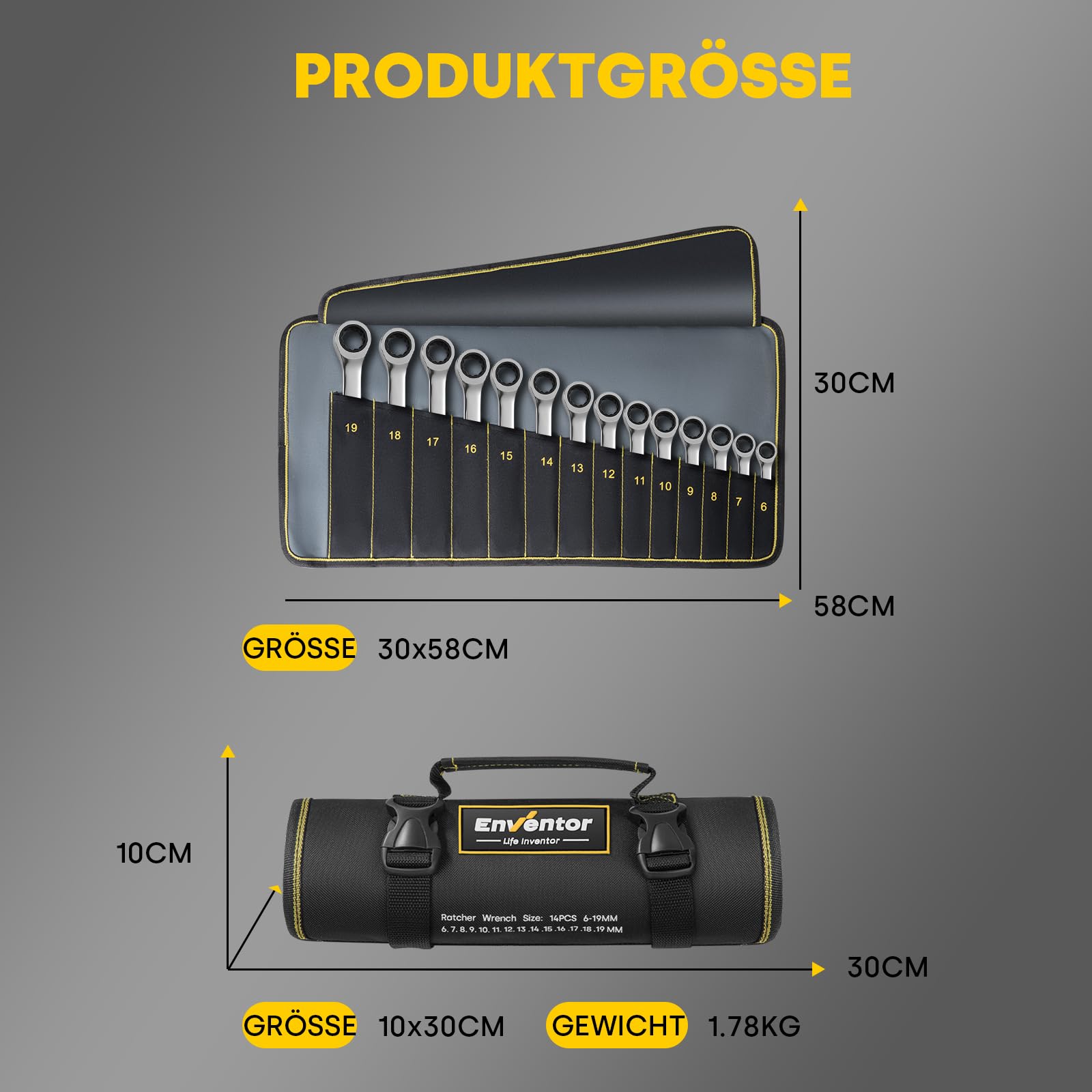 Enventor 14-Tlg Ratschenschlüssel Set, 90 Zähne,5° Schwenkradius–metrisch, 6mm bis 19mm, Ratschen-Kombinationsschlüsselsatz mit Tragetasche, Chrom-Vanadium-Stahl, Schwarz vernickelt