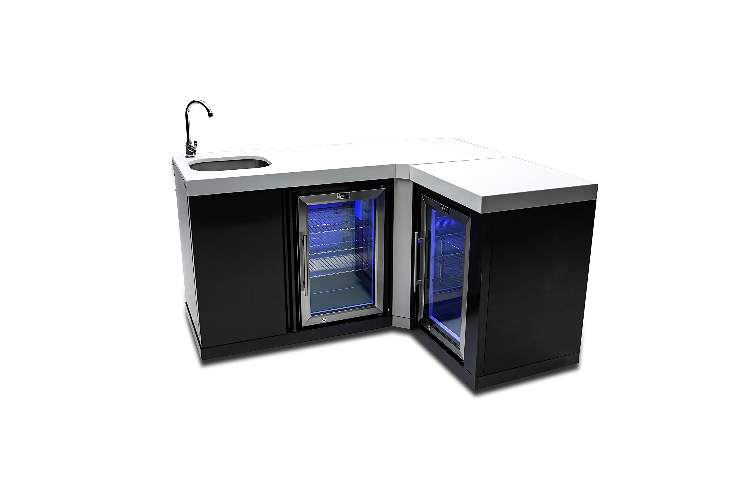 Mont Alpi MA-BEVBSS90FC Bar Series 90 Degree Corner Black Stainless Steel Double Outdoor Rated Refrigerator Wine Cooler Beverage Center Granite Countertops with Blue LED Lighting + Faucet & Sink on Fridge.com