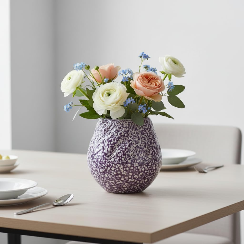 Sunddo Purple Ceramic Vase, 8 Inch Large Round Vases for Pampas Grass, Modern Textured Pottery Vase for Home Decor, Bedroom, Table Centerpiece, Kitchen, Shelf, Living Room Decor