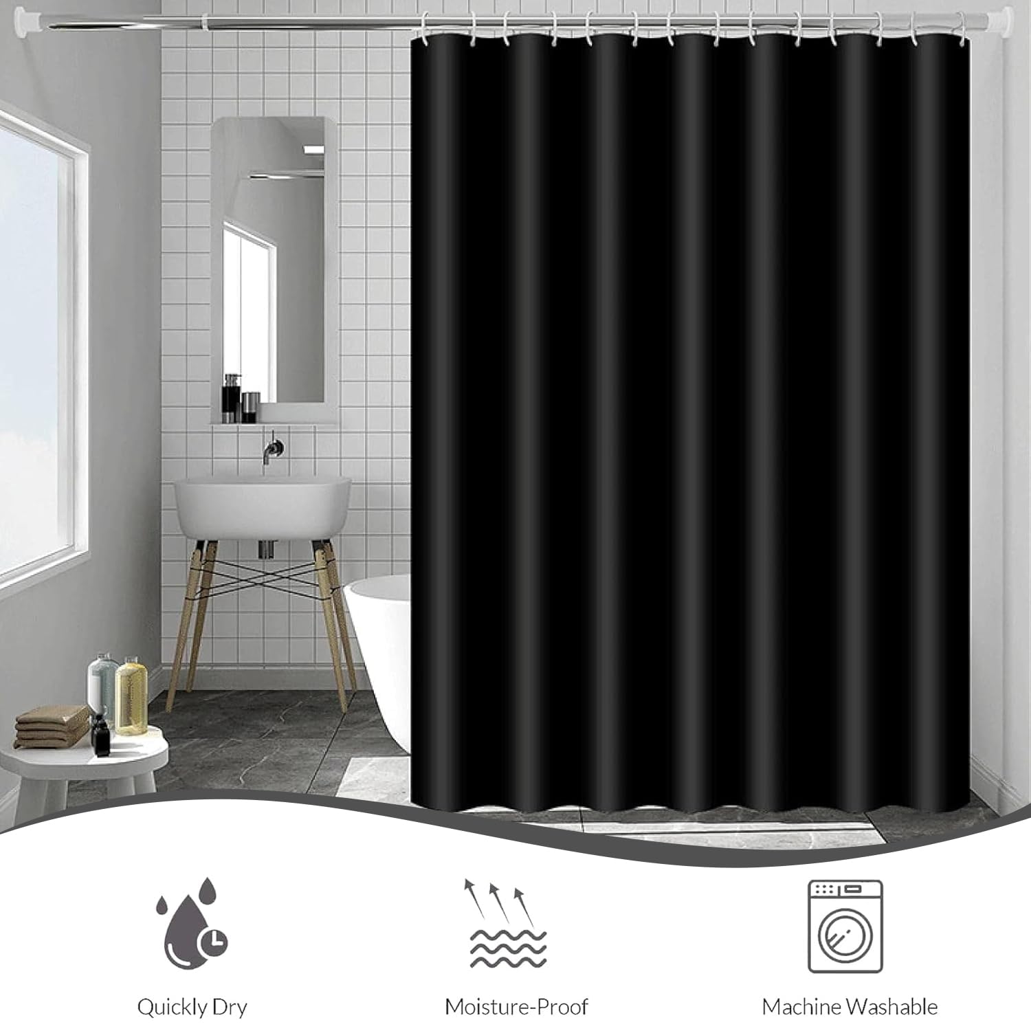 hjwanyin Shower Curtain, Long Shower Curtain Made of Mould PEVA, Stylish and Water Repellent Shower Liner for Bathroom (Black - Image 4