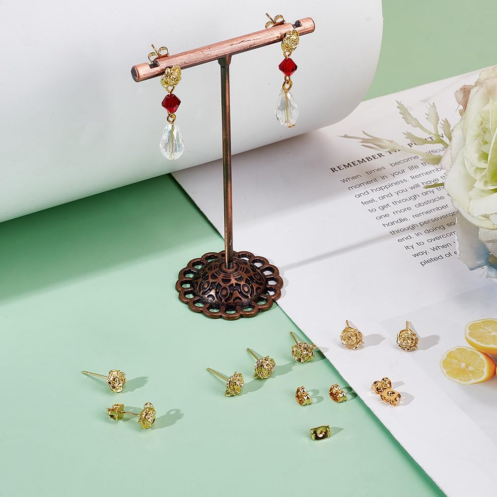 Beebeecraft 10Pcs Flower Stud Earring Findings 18K Gold Plated Rose Earring Studs with Loop 10Pcs Friction Ear Nuts for Spring Flower Theme Jewellery Making Valentine's Day Gift