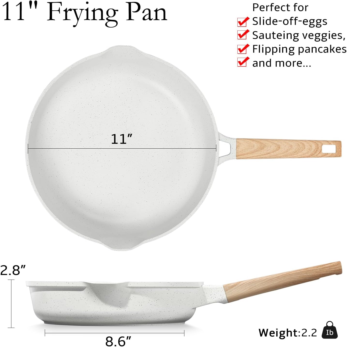 ESLITE LIFE Nonstick Ceramic Frying Pan Skillet, Non-Toxic Egg Omelette Kitchen Cooking Pans Compatible with All Stovetops (Gas, Electric & Induction), PTFE & PFOA Free (White, 11")