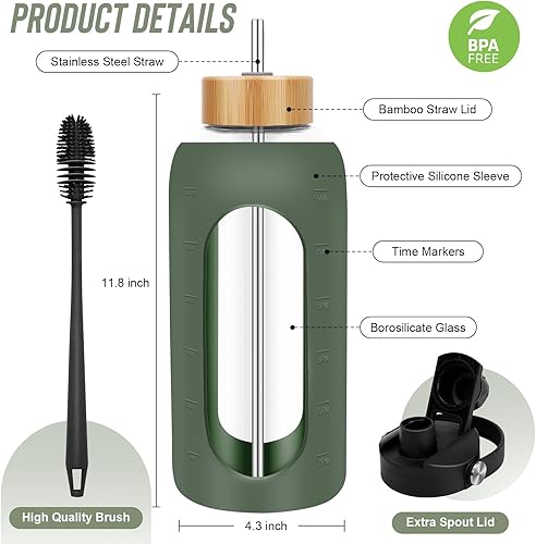 Miniatura 2 de Botellas de agua de vidrio de 64 onzas  Botella de agua motivacional grande de medio galón con marcador de tiempo  Botella de agua de vidrio con