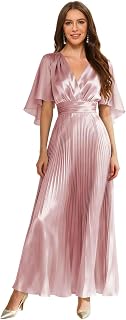Pleated Satin Bridesmaid Dresses for Women with Flutter Short Sleeve V-Neck Formal Dress with Pockets AD198