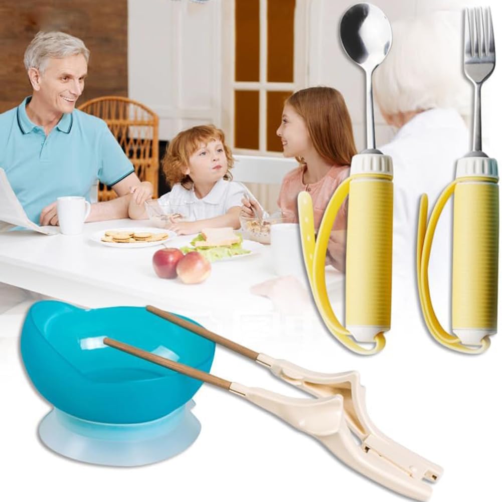 Cubiertos Adaptativos con Cuchara y Tenedor Giratorios 360º - Herramientas Ajustables para Ancianos y Discapacitados Movilidad Limitada, Set of 4