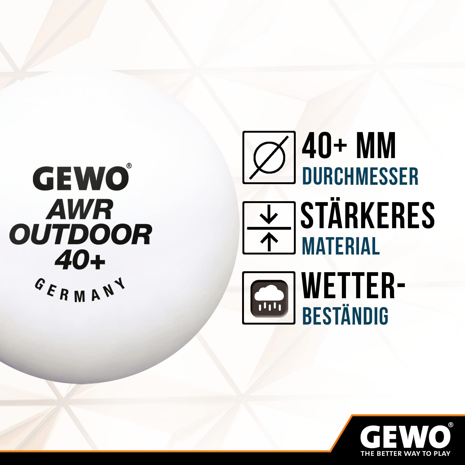 GEWO AWR Outdoor 40+ piłka do tenisa stołowego – wodoodporne plastikowe piłki do gry na zewnątrz – wysokiej jakości, odporne na warunki atmosferyczne.