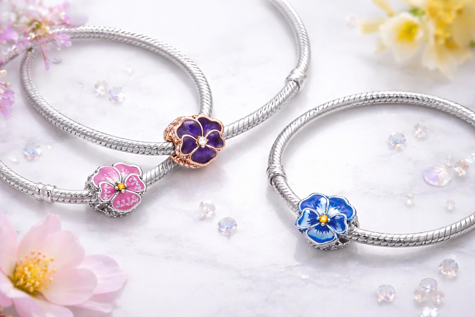 Charm Compatibile Tutte Marche Viola del Pensiero Blu Rosa Viola Ciondoli Originale Charming Argento 925 Amicizia Mamma Bead Portafortuna Cuore Famiglia Perline Natale Donna Set