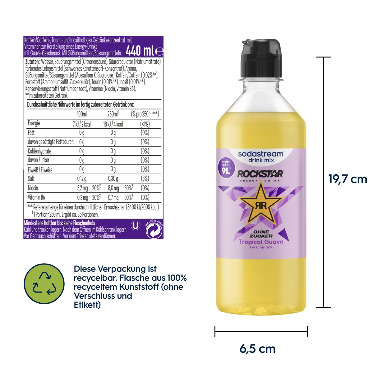 Sodastream drink mix Rockstar Energy Tropical Guava ohne Zucker – zuckerfreier Sirup für gesprudeltes & stilles Wasser, 4er Pack (4 x 440 ml), ergibt bis zu 9L Fertiggetränk