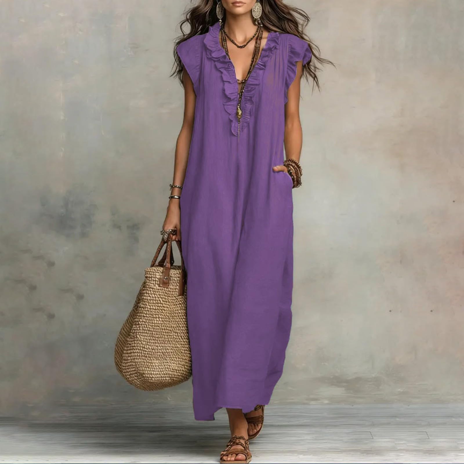 Robe sans manches – Robe longue d'été pour femme, col en V, couleur unie, plissée, épaules à volants, robe fraîche et respirante, robe décontractée, style bohème pour les vacances