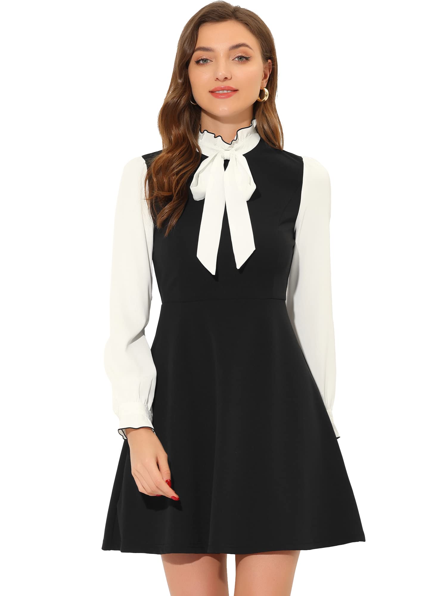 Allegra K Tie Neck Dresses for Women's 1960s Vintage Long Sleeve Contrast Color Dress