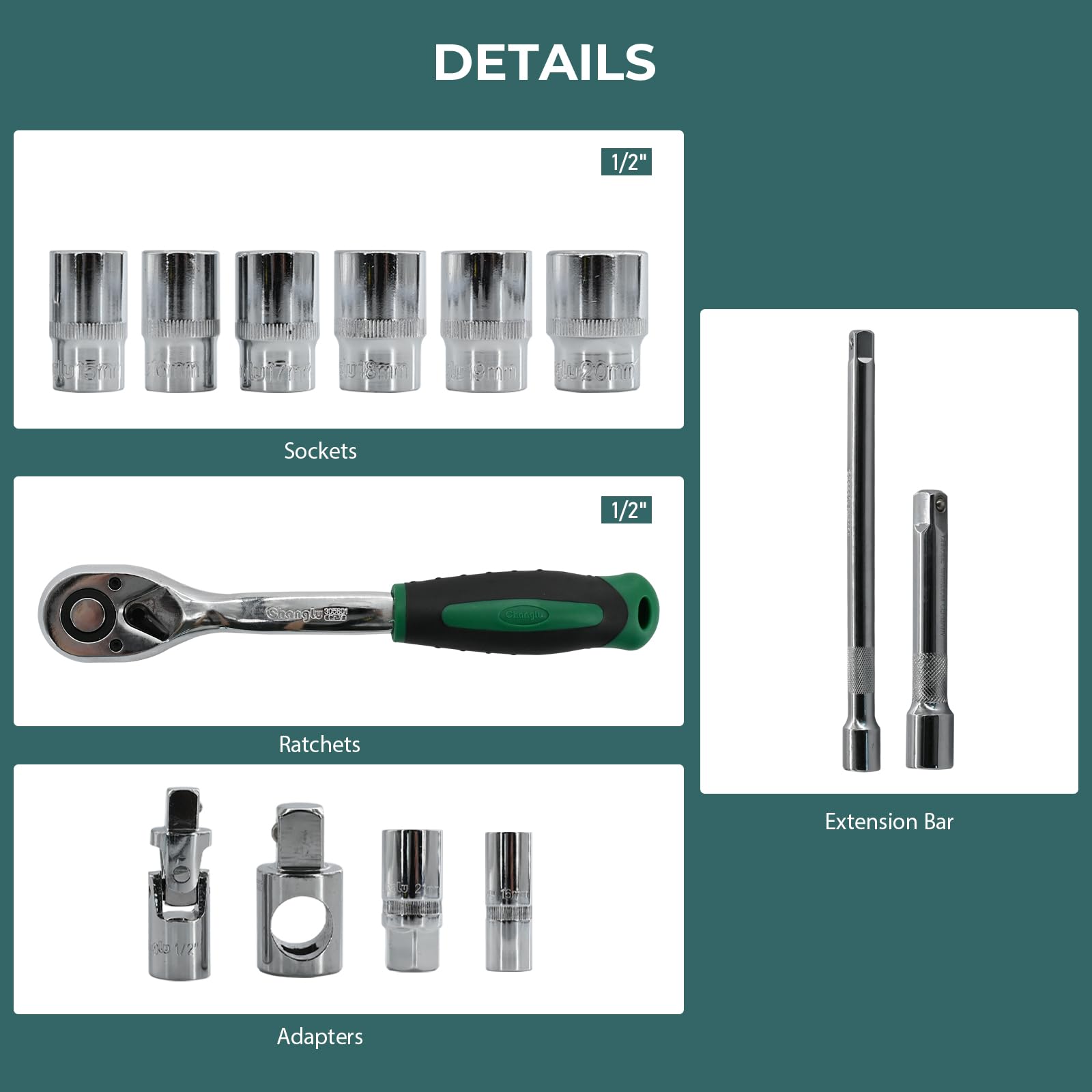 Lot de 33 outils de mécanicien, entraînement de 1,3 cm, clé à douille métrique CR-V pour mécaniciens professionnels universels, amateurs de bricolage, réparation automobile et domestique avec