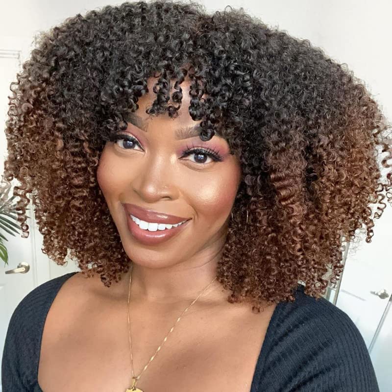 Omber Brown Curly Wigs for Black Women Human Hair No Lace 1b/30# Human Hair with Bangs Fake Scalp Top Flutty Short Curly Wig with Baby Hair (14inch, 130Density)