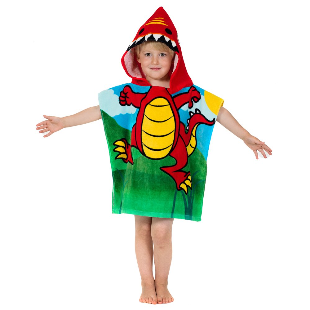 Kids Baby Toddlers Childrens Mini Hooded Poncho Beach Bath Swimming Pool Holiday Towel Changing Robe cute Dinosaur design 100% Cotton Bathrobe for Girls Boys Age 1-3 years