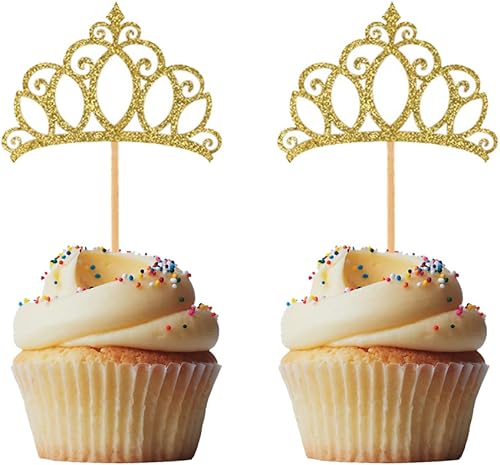 Morndew 24 decoraciones de corona de princesa dorada para cupcakes para fiestas de cumpleaños de niños, bodas, fiestas de baby shower