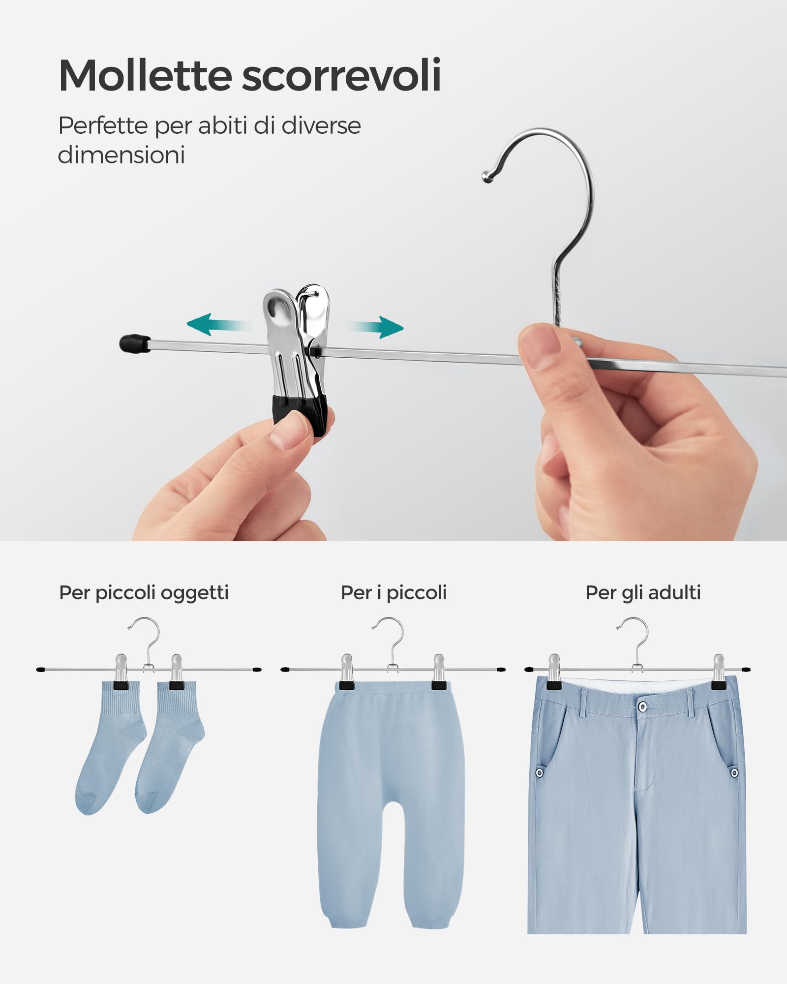 SONGMICS Grucce Pantaloni in Metallo, 20 Pezzi, Grucce Appendiabiti con Pinze per Gonne Calze, Lunghezza 40 cm, Capacità di Carico Elevata, Cromato, Argento Metallizzato e Nero Inchiostro CRI006-20