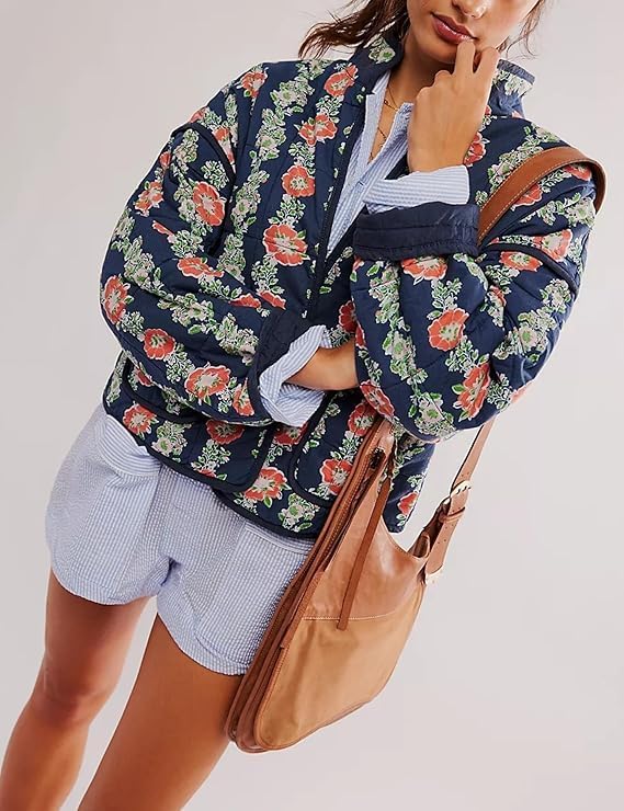 VAOYIU Women's Loose Retro Striped Quilted Jacket Stand Collar Cropped Puffer Outerwear Vintage Coat with Contrast Trim - Image 6