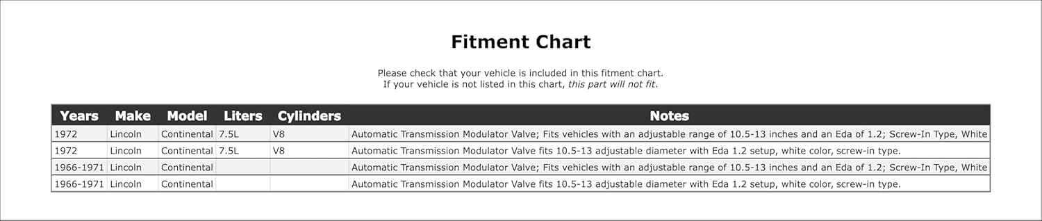 Automatic Transmission Modulator Valve Compatible With Lincoln Continental 7.5L V8 1972 1971 1970 1969 1968 1967 1966 P-2913385