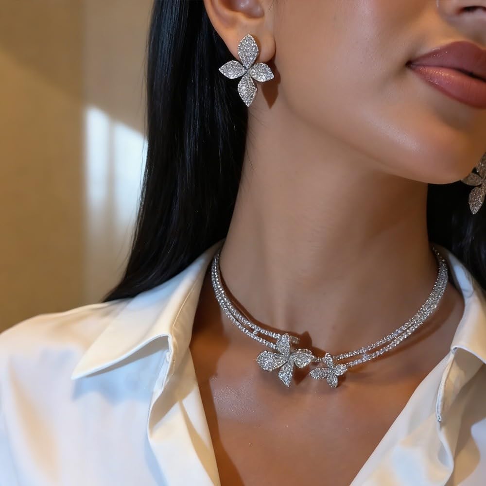 Shiny Flower Rhinestone Choker Necklace Silver Sparkly Floral Crystal Jewelry Open Collar Prom Party Costume for Women Wedding Gifts