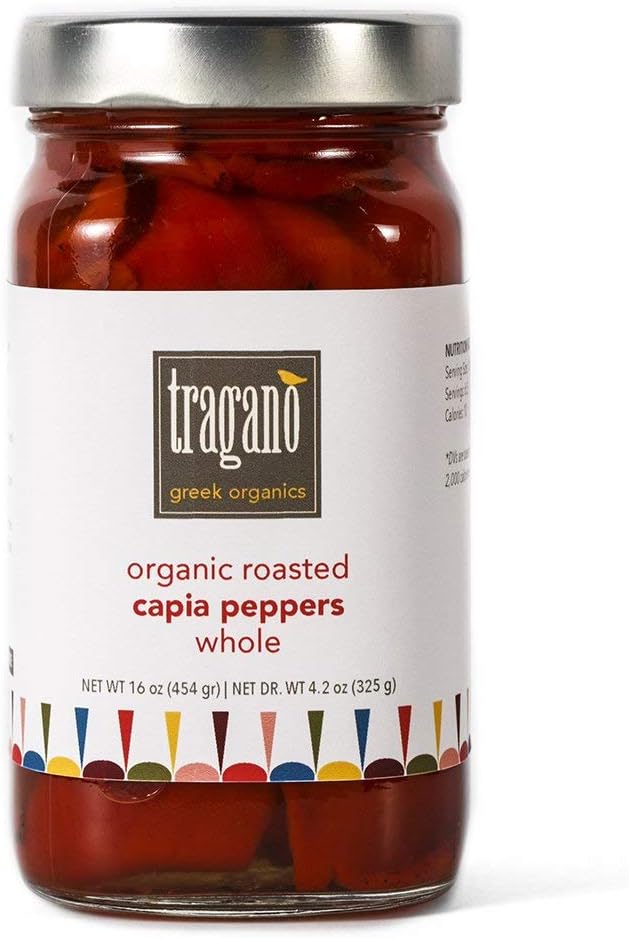 Tragano Greek Organics Fire Roasted Red Peppers | USDA-Certified Organic | Gluten Free, Non-GMO | Roasted Red Peppers in a Jar for Sandwiches, Salad & Pizza Topping | (16 Oz)