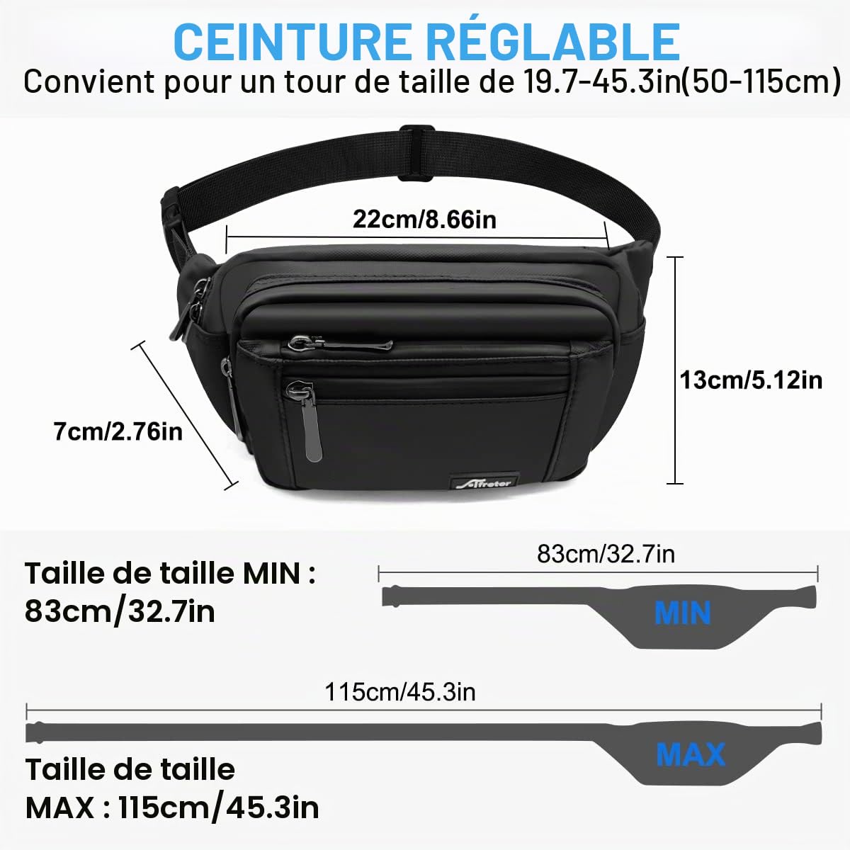 HNOOM Banane Homme Sac Banane Femme Imperméable Sacoche Banane avec 5 Poches et Sangle Réglable, Sac Banane Voyage Randonnée Unisexe Grande Capacité Sacoche de Ceinture (Noir-1)