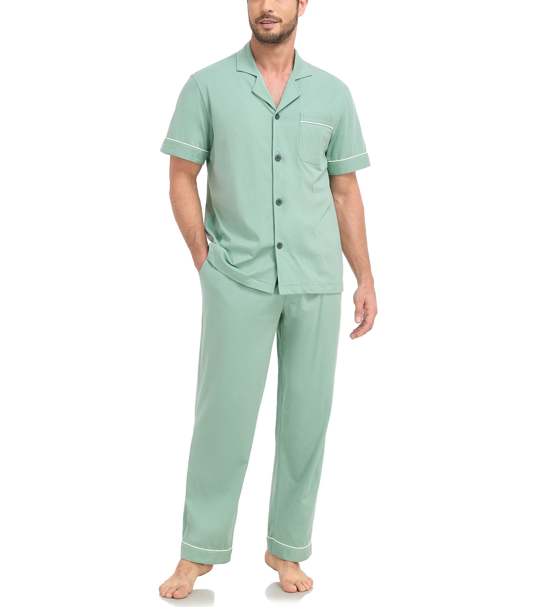 COLORFULLEAF Men's 100% Cotton Pajamas Set Button Down Sleepwear Short Sleeve and Long Pants Pjs