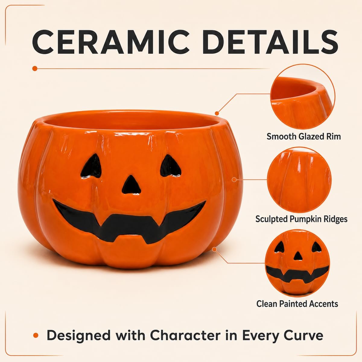Halloween Candy Bowl Ceramic Jack O Lantern Pumpkin Candy Dish 7 Inch image 4