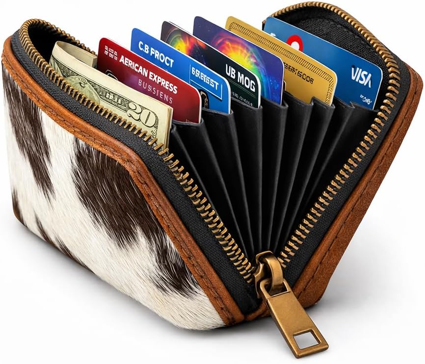 ESS Cowhide Leather Hair-On Wallet Women Small Zip Accordion Card Holder RFID Compact Organizer with Coin Pocket Secure Zipper Stylish Gift Pouch Minimal Everyday Carry
