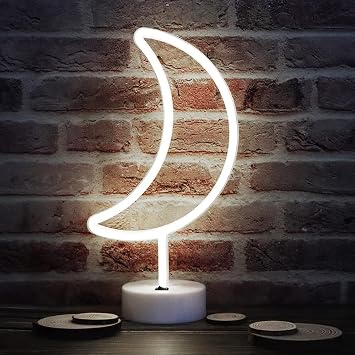 Neon Moon Lights - LED Moon Decor Neon Signs Art Decorations Crescent Night Lights Lamp for Party Supplies, Children Kids Girls Gift - Moon with Holder Base White