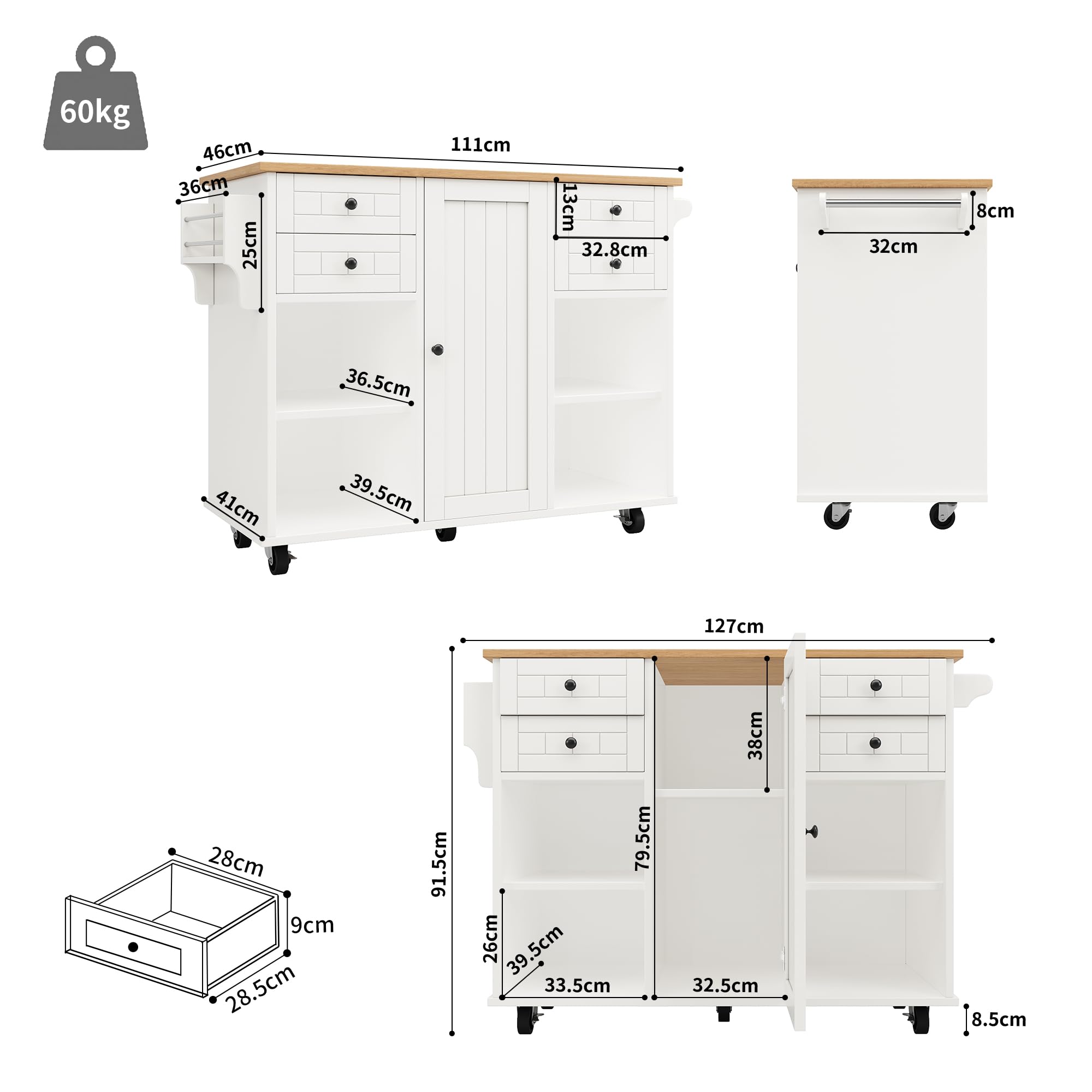 Îlot De Cuisine Mobile Avec Plan Rabattable – 140x40(65)x89 Cm – 5 Tiroirs, Porte-épices, Roulettes – Blanc, En MDF