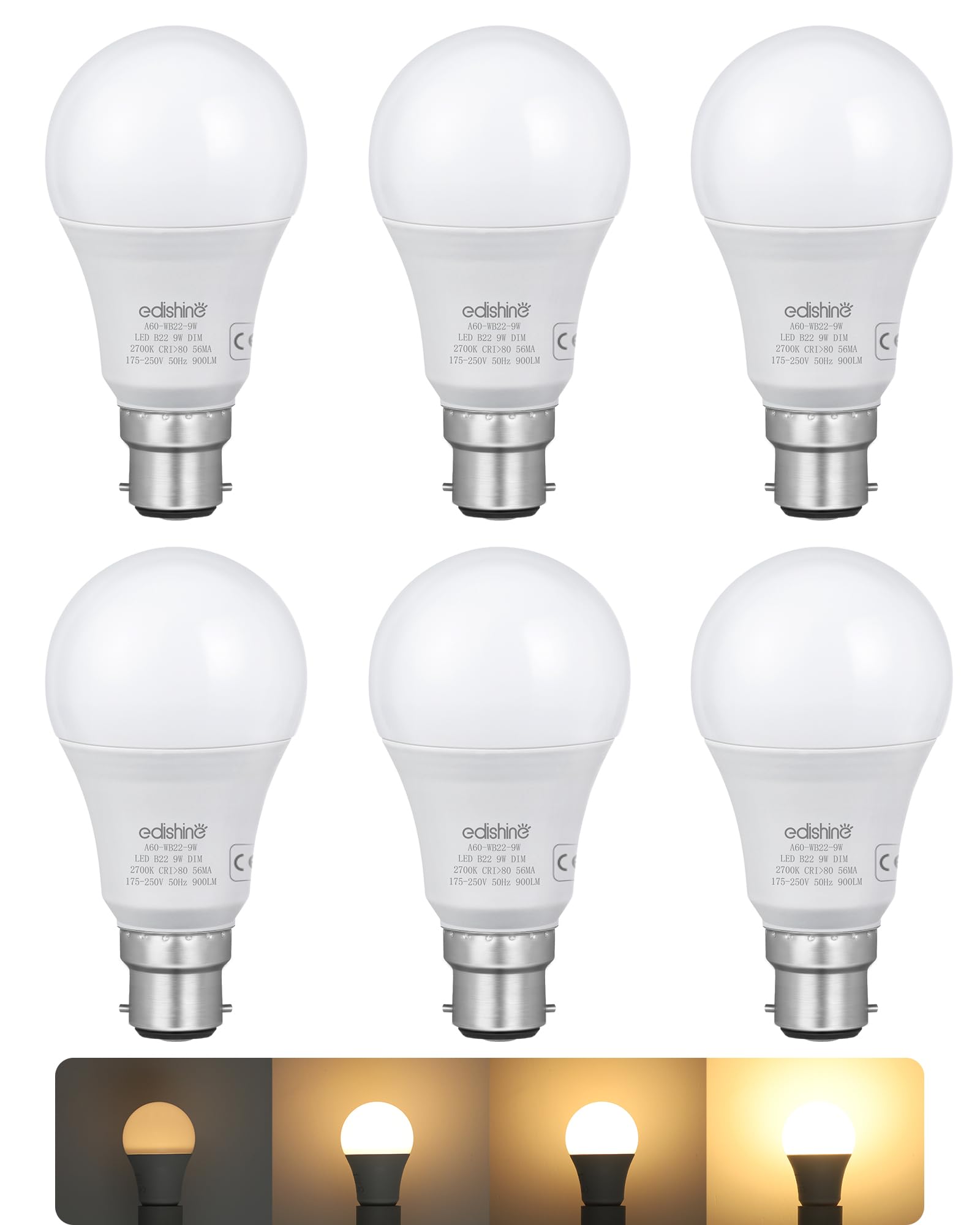 EDISHINE 6 Pack Dimmable Bayonet Light Bulb, Warm White 2700K, 9W LED Bulb, 60W Incandescent Equivalent, BC GLS A60 Energy Saving Light Bulb, B22 Bulb for Table lamp, Chandelier, Pendant Light