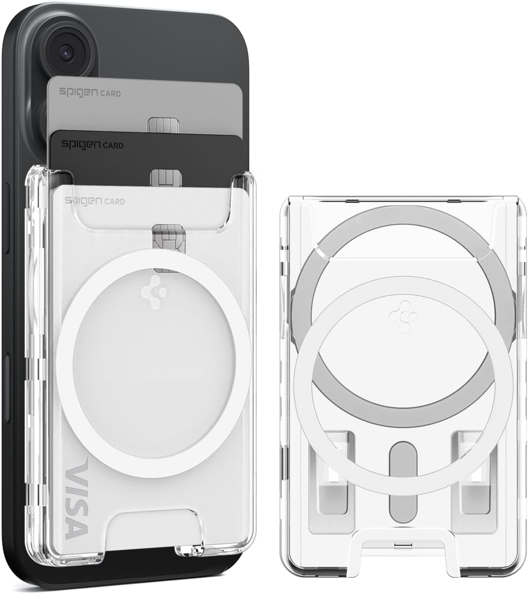 Spigen Ultra Hybrid (MagFit+) Magnetic Card Holder up to 3 Cards, Hard Shell MagSafe & Pixelsnap Wallet Compatible with iPhone 17/16/15/14/13/12 Models, Pixel 10 Series - Crystal Clear (Ring)
