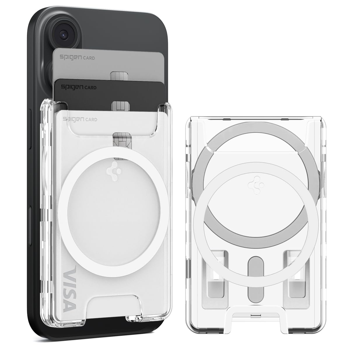 Spigen Ultra Hybrid (MagFit+) Magnetic Card Holder up to 3 Cards, Hard Shell MagSafe & Pixelsnap Wallet Compatible with iPhone 17/16/15/14/13/12 Models, Pixel 10 Series - Crystal Clear (Ring)