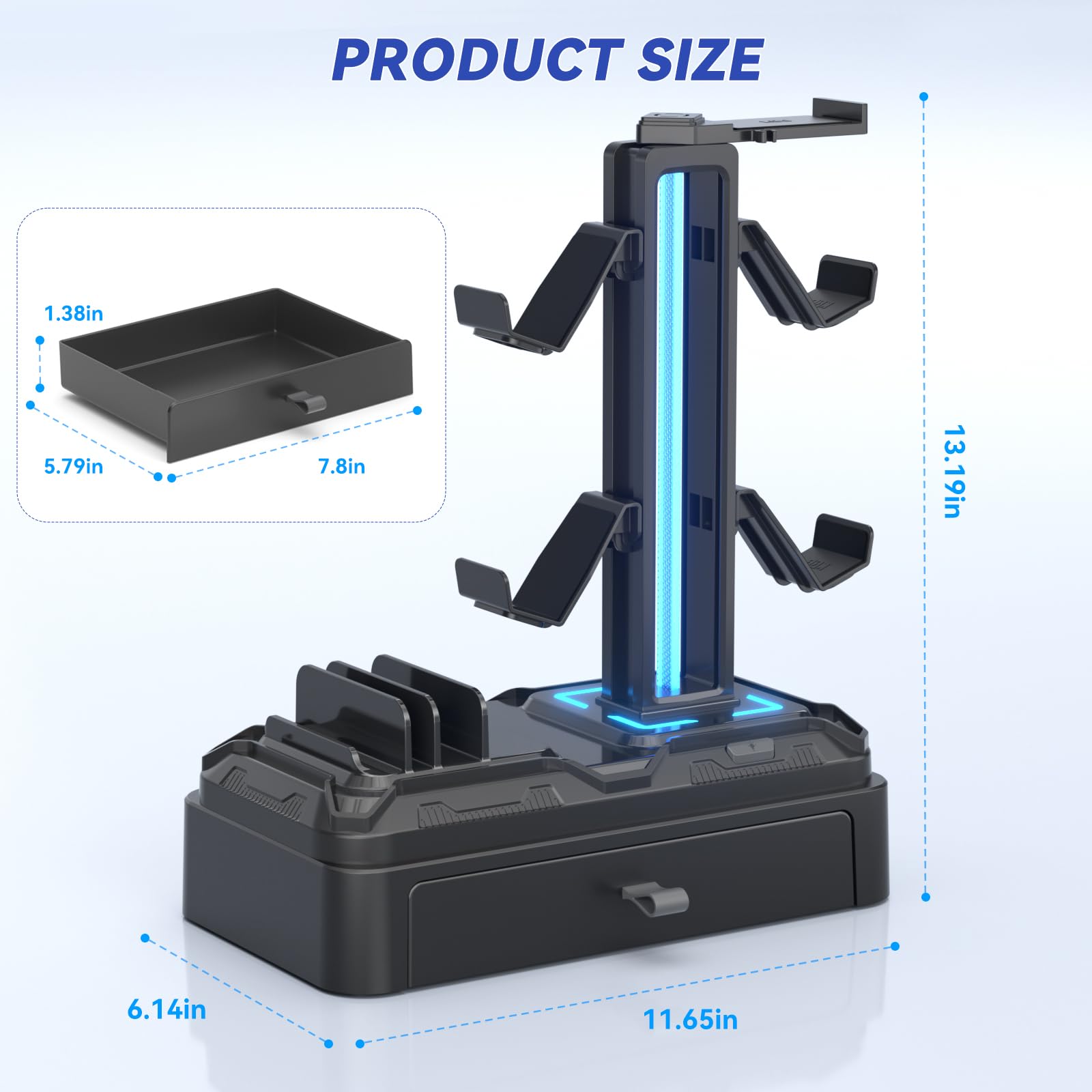 KDD Supporto Cuffie con Porte USB A&C - Supporto Controller e Ganci Rimovibili - Appendi Cuffie Girevole e Slot per Dispositivi per Telefoni/Tablet - Base con Cassetto per Scrivania, Gaming