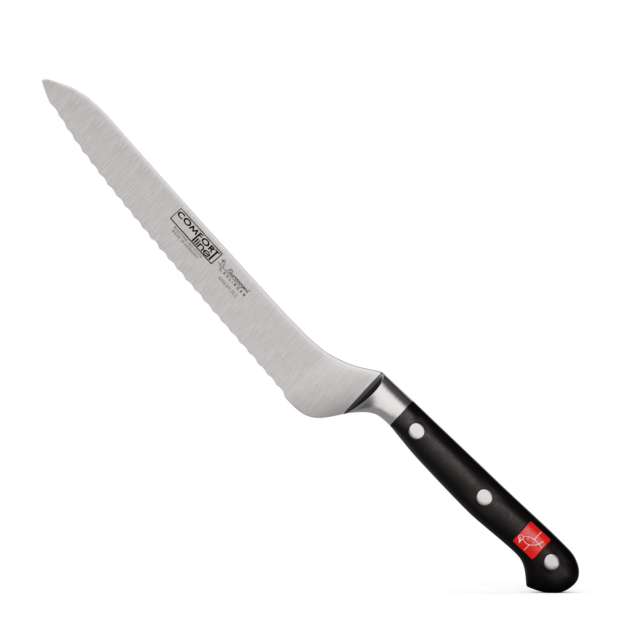 Burgvogel, Coltello da pane affilato Solingen, inossidabile, 20 cm, lama seghettata, acciaio inossidabile, lavabile in lavastoviglie, manico in legno marrone, serie coltelli per la casa